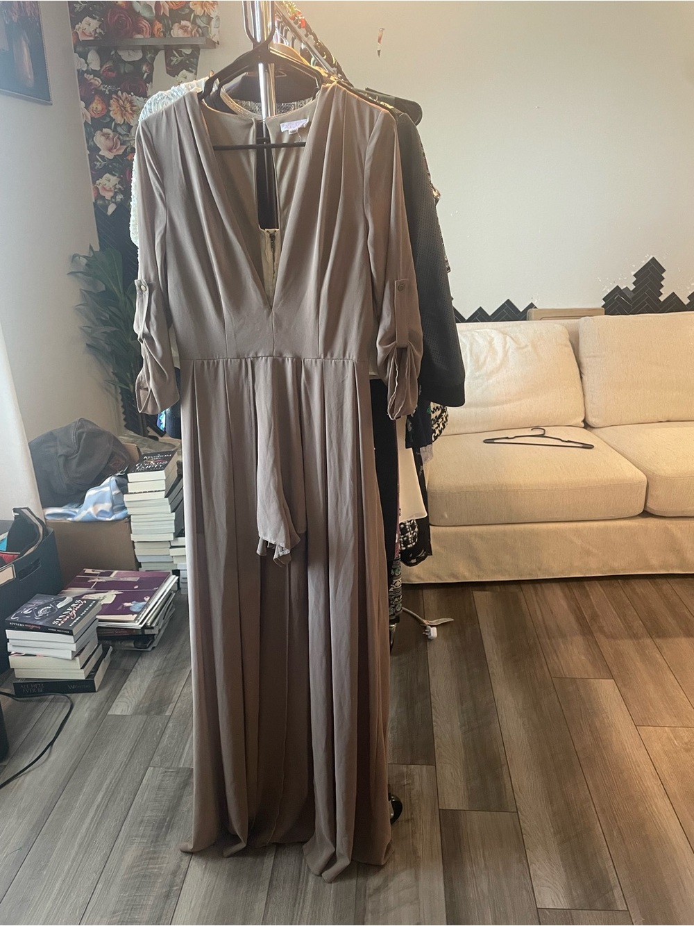 a'gaci Taupe V-Neck Long Sleeve Maxi Dress